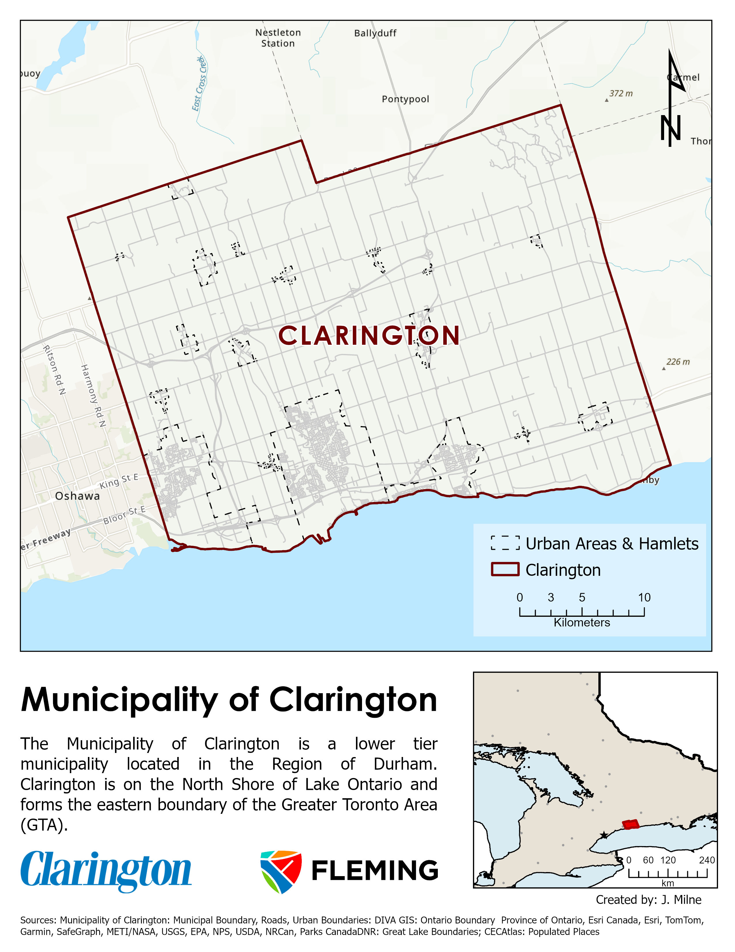 Map of Clarington, with an inset map of the province of Ontario