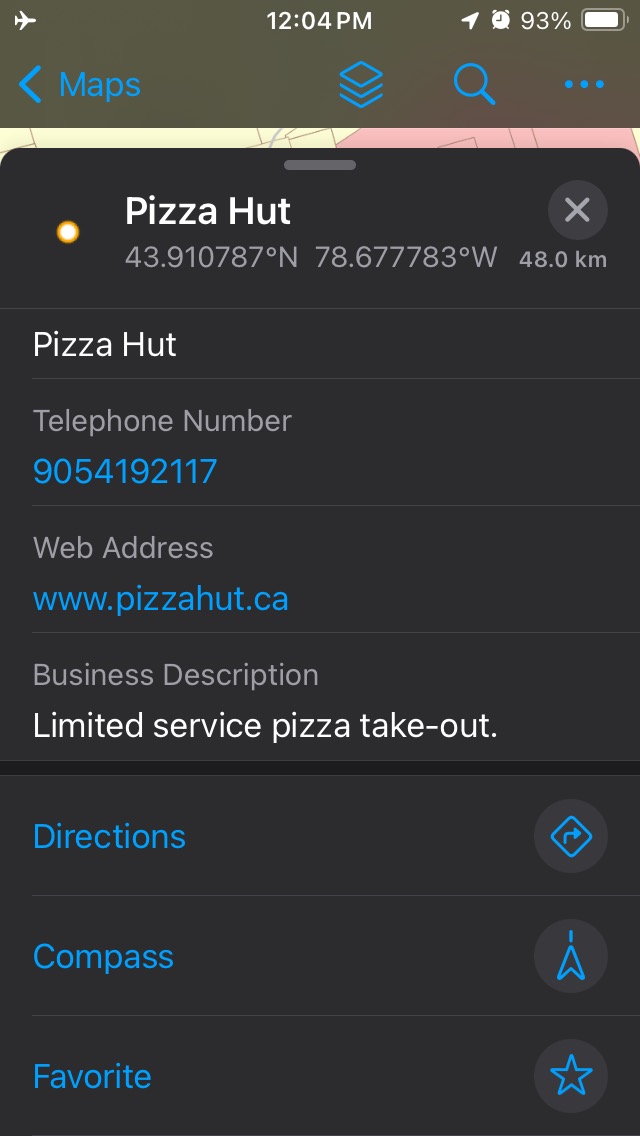 Popup for Pizza Hut, showing business details